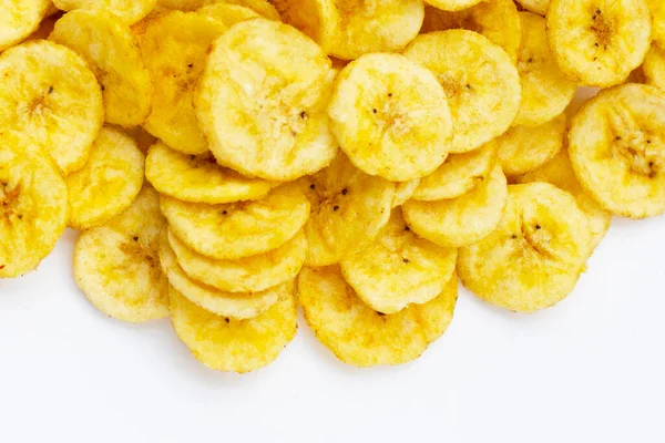 stock image Banana slice chips on white background.