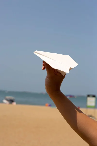 Hand Holding Paper Airplane Blue Sky — Foto de Stock
