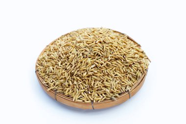 Beyaz arka planda çeltik pirinç.