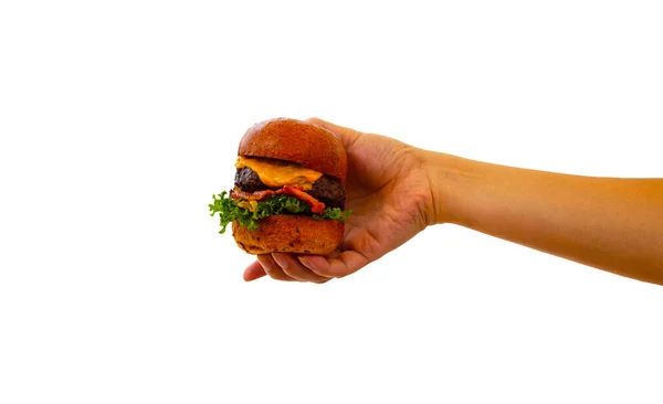 Ręczny Hamburger Białym Tle — Zdjęcie stockowe