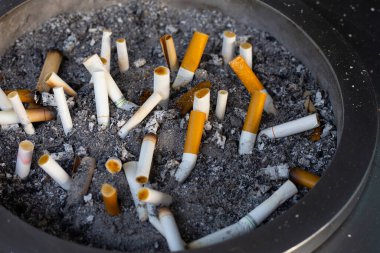 Cigarettes and ash on dirty sand in trash tray