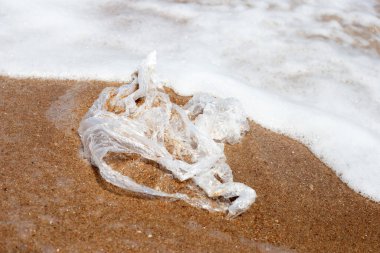 Plastic bag pollution on the beach