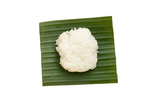 Klebriger Reis Auf Banane Auf Weißem Hintergrund — Stockfoto