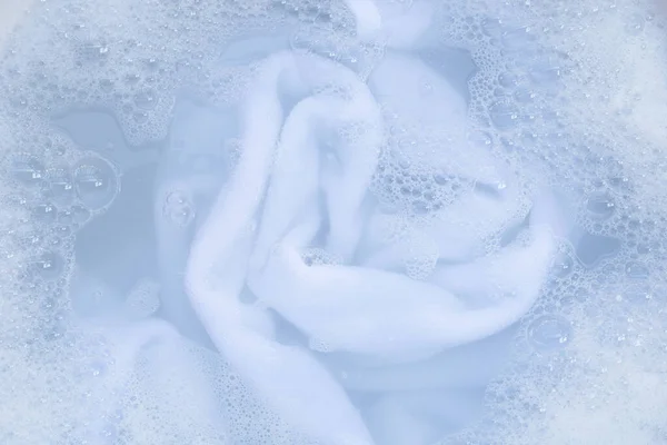 Top View Towel Soak Powder Detergent Water Dissolution Laundry Concept — Foto Stock