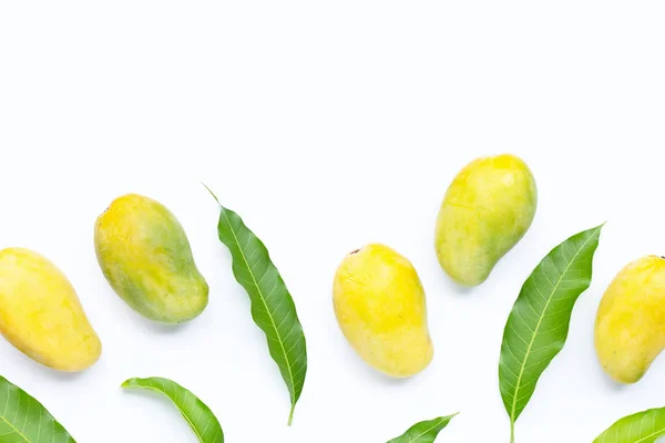 stock image Mango with green leaves on white background.