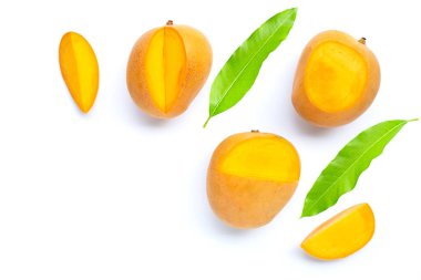 Tropik meyve, beyaz arka planda mango. Üst görünüm