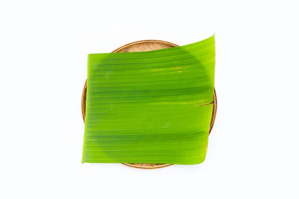 Banánové Listy Bambusové Vazbě Talíř Bílém Pozadí — Stock fotografie