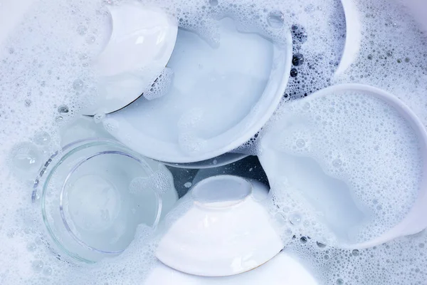 Посуда Миски Воде Пузырьки Жидкости Мытья Посуды — стоковое фото