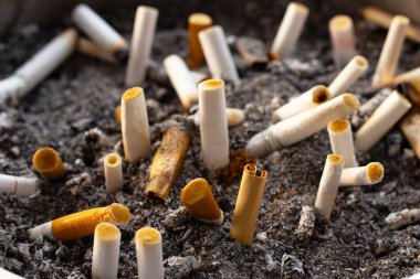 Cigarettes and ash on dirty sand in trash tray