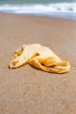Plastic bag pollution on the beach