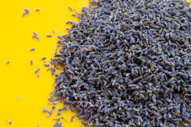 Sarı arka planda kurutulmuş lavanta çiçekleri.