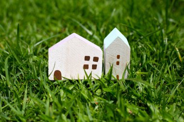 Yeşil çimlerin üzerindeki minyatür ahşap ev