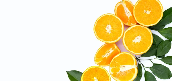 stock image Orange fruit with green leaves on white background.