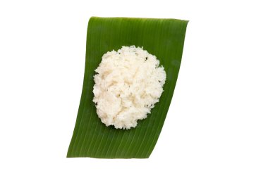 Sticky rice on banana leaf on white background.