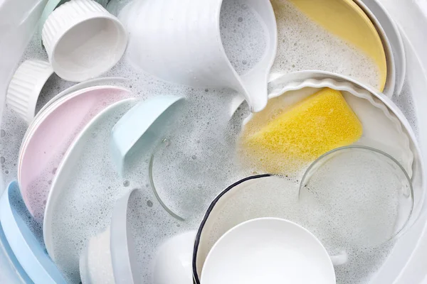 Посуда Миски Воде Пузырьки Жидкости Мытья Посуды Кухонные Работы — стоковое фото