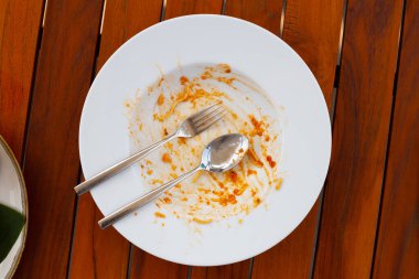 Ahşap arka planda kirli tabak.