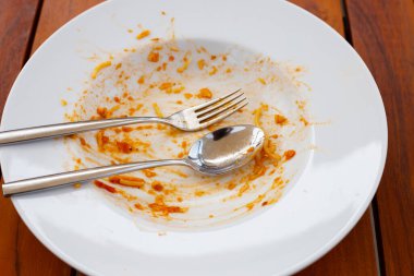 Ahşap arka planda kirli tabak. 