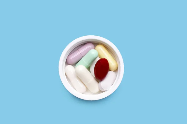 Barevné Tobolky Pilulky Modrém Pozadí — Stock fotografie