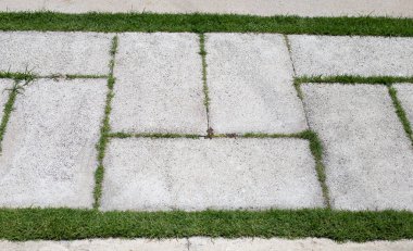 Çimlerin üzerinde çimento bloğu var. Güzel yeşil bahçe