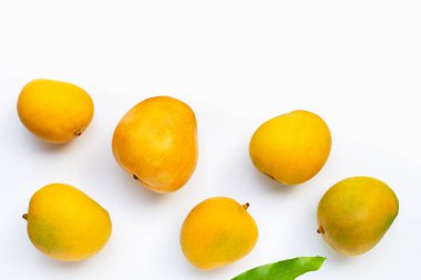Tropik meyve, beyaz arka planda mango. Üst görünüm
