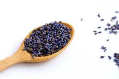 Beyaz arka planda kurutulmuş lavanta çiçekleri.