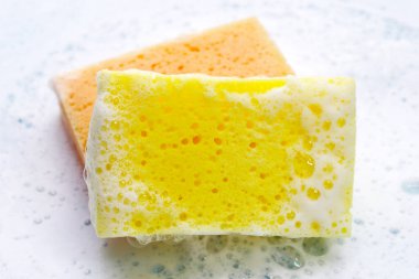 Bulaşık deterjanı köpüklü temizlik süngeri. Bulaşık yıkama kavramı