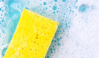 Bulaşık deterjanı köpüklü temizlik süngeri. Bulaşık yıkama kavramı