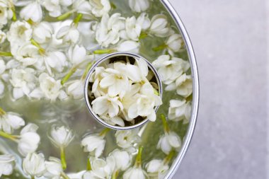 Gümüş kasede yasemin çiçekli su. Tayland geleneği, Songkran festivali