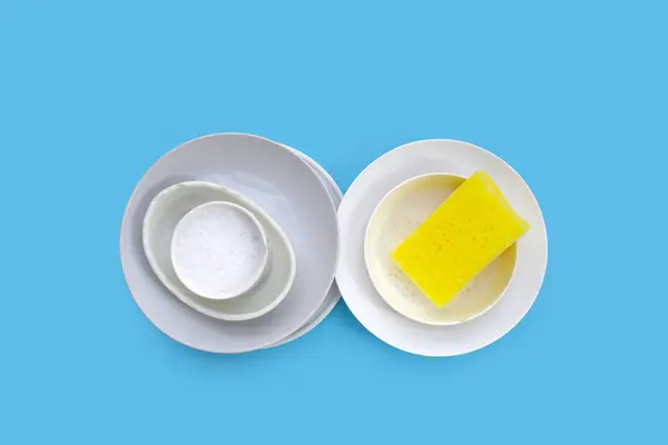Bowl and plate with cleaning spong. Washing dishes concept