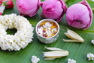 Gümüş kasede çiçekli su. Tayland geleneği, Songkran festivali konsepti