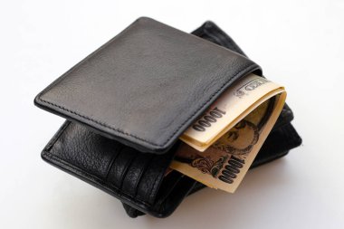 Black Wallet with Ten Thousand Yen Bills, Japanese Yen Notes clipart