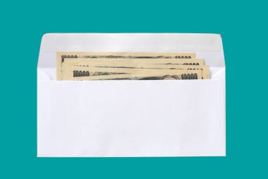 Ten Thousand Yen Bills, Japanese Yen Notes in a white paper envelope clipart