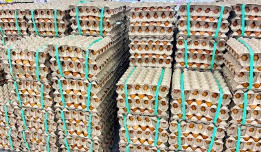 Süpermarkette yumurta tepsisinde tavuk yumurtası satılıyor.