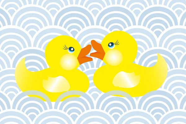 两只可爱的恋爱中的小橡胶鸭在蓝色的波浪中游泳 每一个细节都可以分别用于自己的设计 — 图库矢量图片