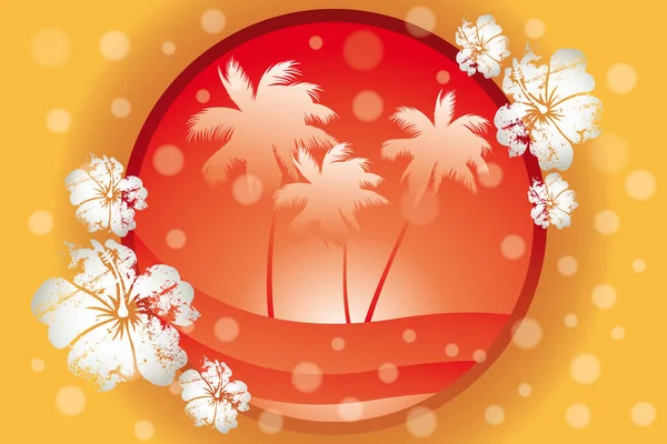 Retro Illustratie Van Palmen Golven Hibiscus Bloemen Zeepbellen Warme Oranje — Stockvector