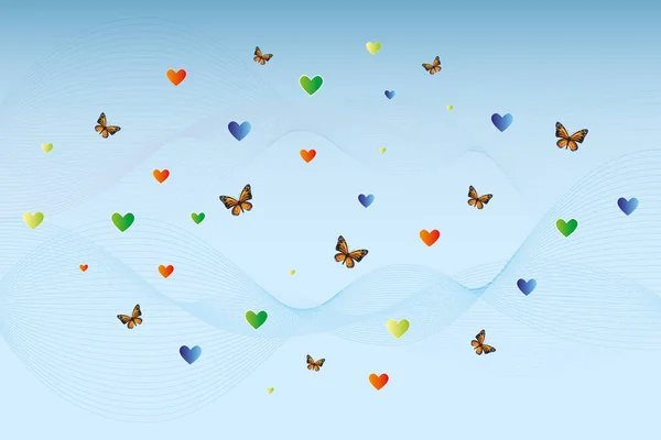 大蝴蝶和五彩斑斓的奇幻心形 在浅蓝色背景的蓝波和粉红波上和谐地融合在一起 对设计师和每一个可修改的细节都有用 — 图库矢量图片