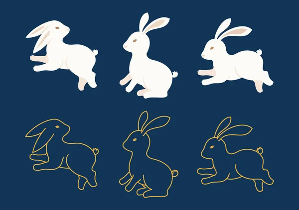 兔设计 独立兔白色轮廓和扁平线条图标设置 跳跃和坐着的野生动物 兔子长耳朵跑 平面样式插图中的向量 — 图库矢量图片