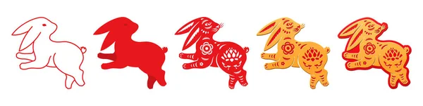 中国新年兔子线艺术和人物造型图标设置 用荷花盛开 亚洲花卉装饰品装饰而成的野兔剪纸 平面样式插图中的向量 — 图库矢量图片