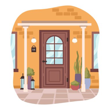 Ev girişi ve kapılar, ev çiçekleri ve fenerlerle dolu. Dışarıda dinlenmek için terası olan bir apartman. Düz biçimli vektör