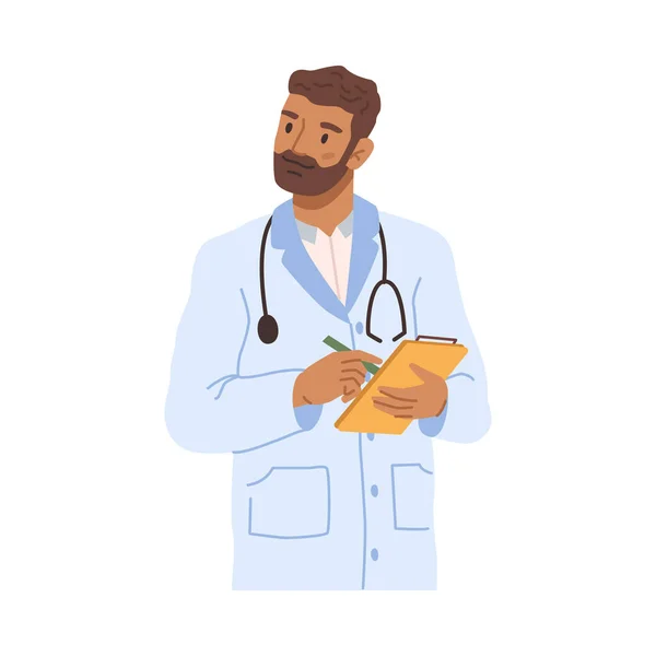医生与听诊器写下处方或病人的症状 孤立的医生或从业者 平面卡通人物 平面矢量 — 图库矢量图片