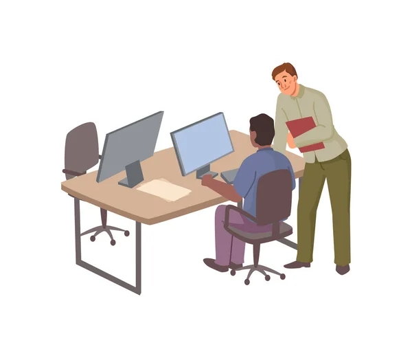 在办公室工作的员工 孤立的人谈论工作空间 坐在电脑前的人被老板或经理打断了 平面卡通风格的矢量 — 图库矢量图片