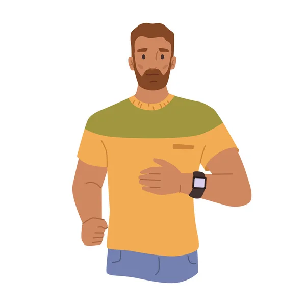 スマートウォッチを身に着けて走る男性の性格 ガジェットは 心拍数を測定し ジョギング中に健康を確認するのに役立ちます フラット漫画のキャラクター フラットスタイルのベクトル — ストックベクタ