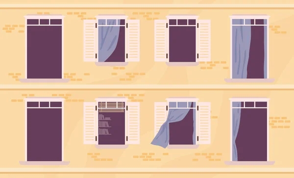 Immeuble Avec Balcons Vides Fenêtres Avec Rideaux Stores Des Maisons — Image vectorielle