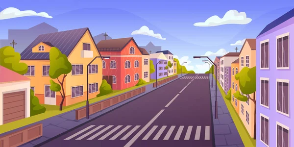 Ville Petite Ville Route Vide Avec Rangées Maisons Lumières Extérieures — Image vectorielle