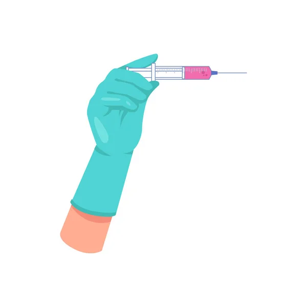 ワクチン接種とCovidに対する予防措置 ワクチンで満たされた注射器を保持滅菌手袋に隔離された医師の手 平たい漫画風のベクトル — ストックベクタ