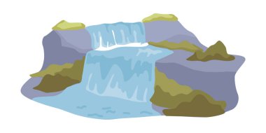 Akan suyun şelale enerjisi. Yeşillik ve kayalarla dolu nehir ya da göl manzarası. Doğal yenilenebilir kaynaklar. Düz biçim illüstrasyonunda vektör