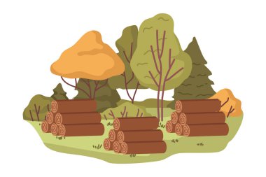Forest with wood chunks, transporting and storing tree trunks for heating and building purposes aims. Deforestation disaster, natural renewable resources. Vector in flat style clipart