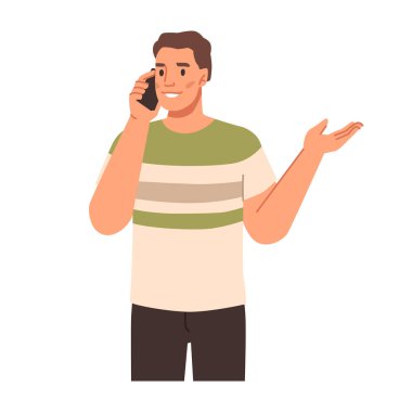 Erkek karakter telefonda konuşuyor, iş adamı akıllı telefondan konuları tartışıyor. Adam hücrede konuşarak el kol hareketi yapıyor. Çizgi film tarzında vektör