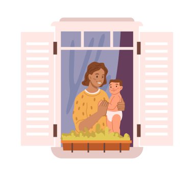 Anne ve küçük çocuk pencereden dışarı bakıyor, çocuk çiçek saksılarıyla eşikte duruyor. Anne ve oğlu evde kalıyor. Çizgi film karakteri, düz biçimli vektör