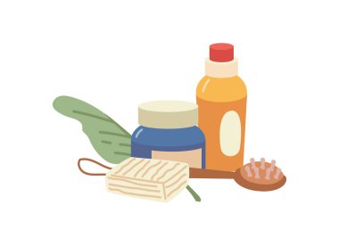 Cilt ve vücut tedavisi için spa salonu prosedürleri ve ürünleri. Masaj ve dinlenme için izole edilmiş kozmetik ürünleri. Sünger ve fırça, şişedeki losyon. Çizgi film tarzında vektör